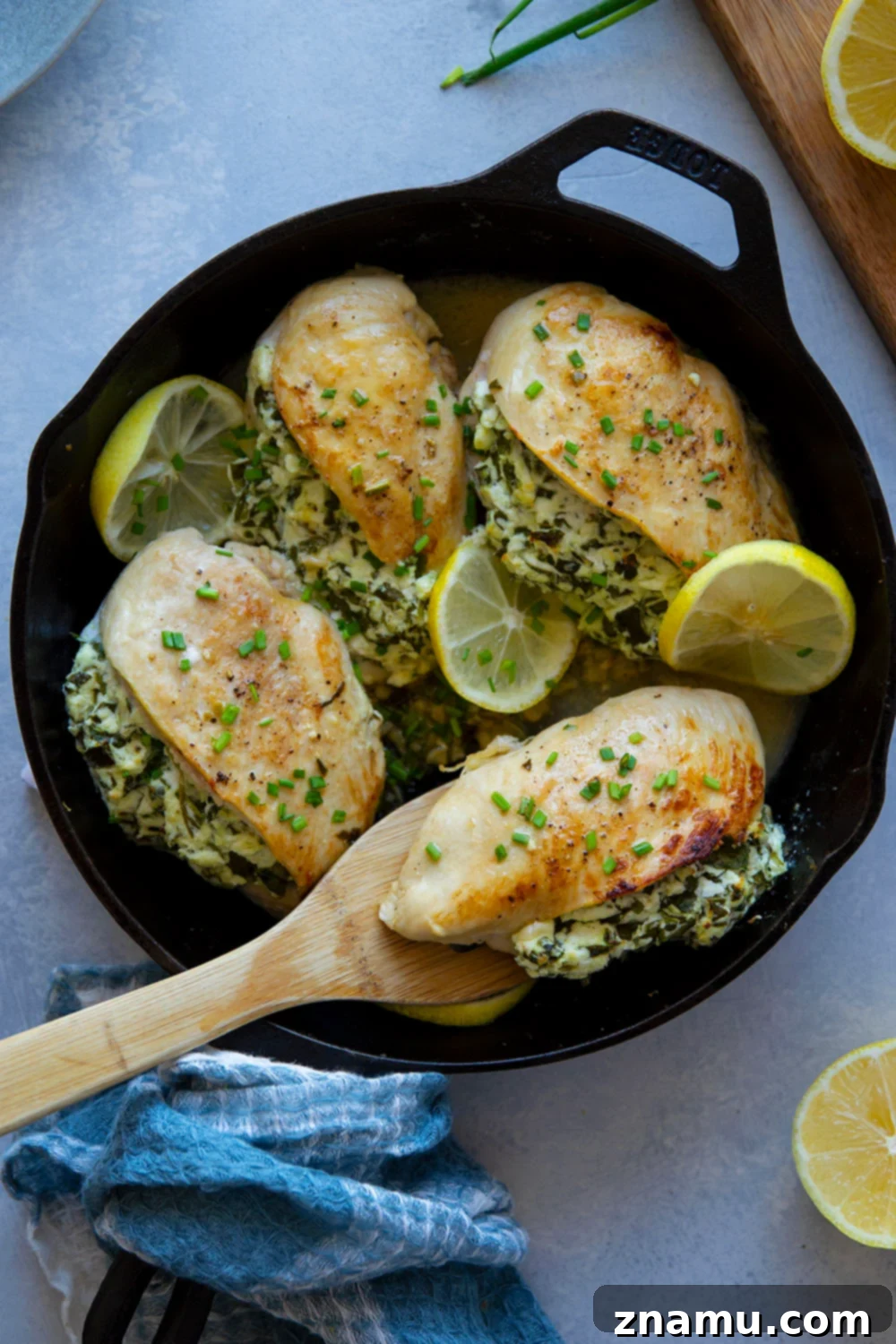 Golden Chicken Stuffed with Spinach, Goat Cheese, and a Bright Lemon Sauce 5 Step-by-step guide to preparing boneless, skinless chicken breasts for stuffing with a creamy spinach goat cheese filling.