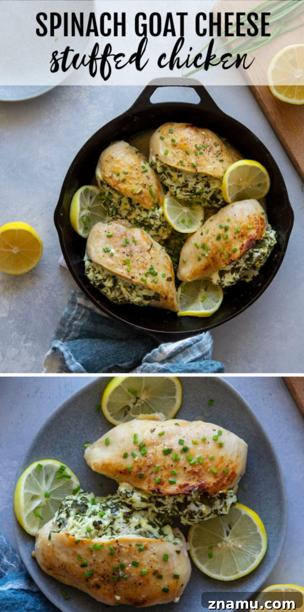 Golden Chicken Stuffed with Spinach, Goat Cheese, and a Bright Lemon Sauce 7 Close-up image of the delicious spinach goat cheese stuffed chicken with lemon sauce, garnished with fresh chives, ready to serve.