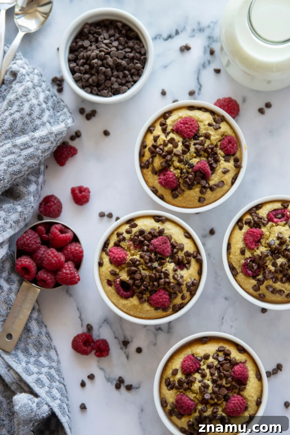 Raspberry Chocolate Chip Oat Delight 3 Close-up of fluffy Raspberry Chocolate Chip Baked Oats in a ramekin, showcasing the cake-like texture.