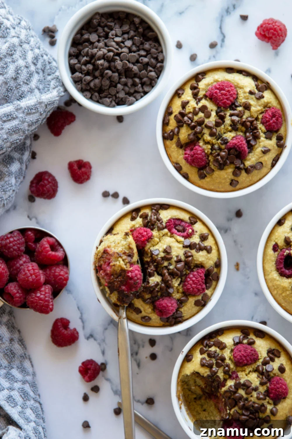 Raspberry Chocolate Chip Oat Delight 5 Ingredients for Raspberry Chocolate Chip Baked Oats laid out on a table, including oats, bananas, raspberries, and chocolate chips.