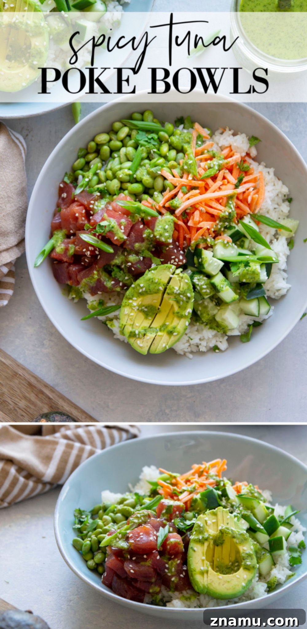 Spicy Green Curry Tuna Poke Bowls 7 Another perspective of the finished spicy tuna poke bowl, highlighting its fresh and healthy appeal.