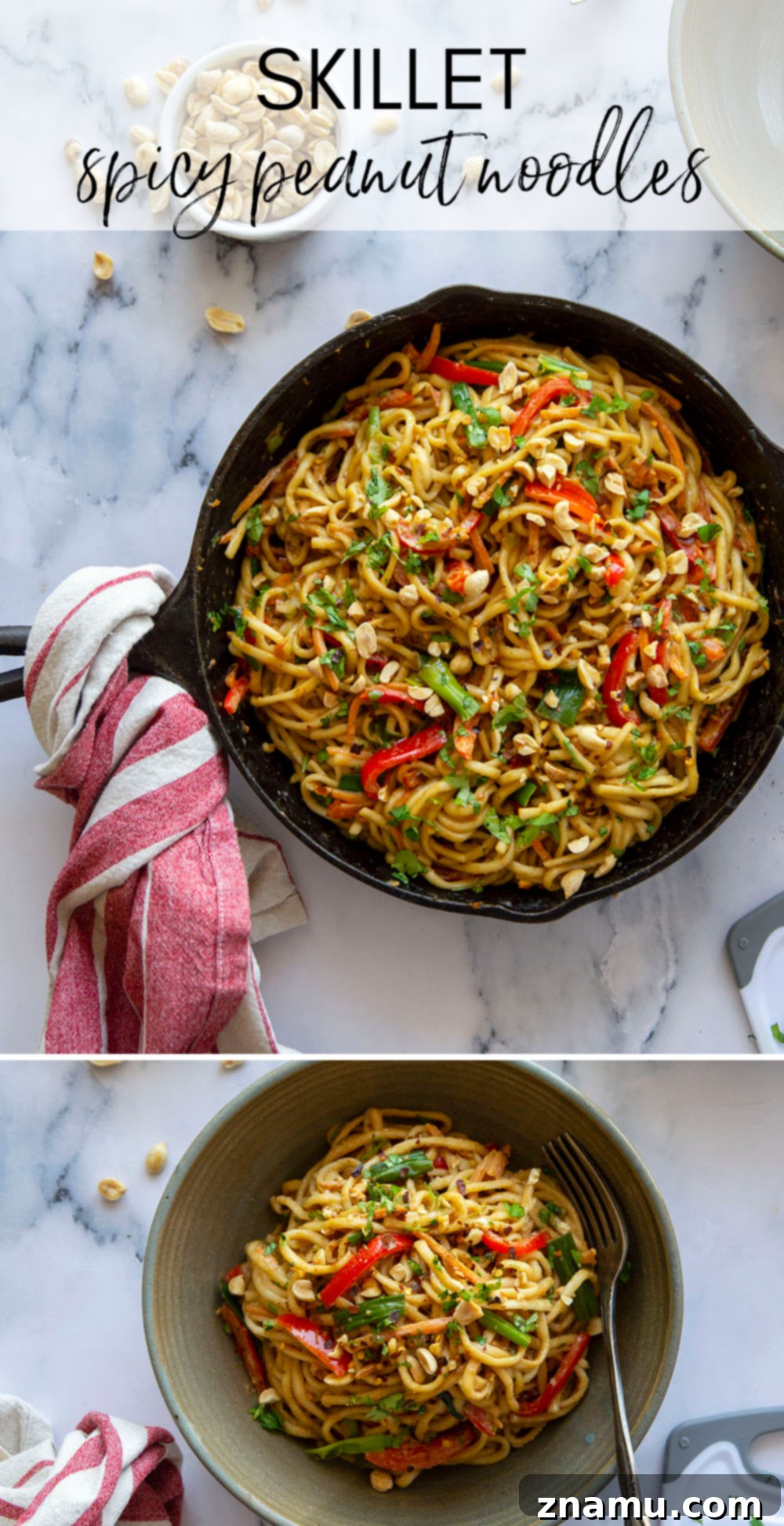One-Pan Fiery Peanut Noodles 7 Spicy peanut noodles are made in minutes in a skillet and packed with tender vegetables and noodles in a perfectly creamy, spicy peanut sauce.