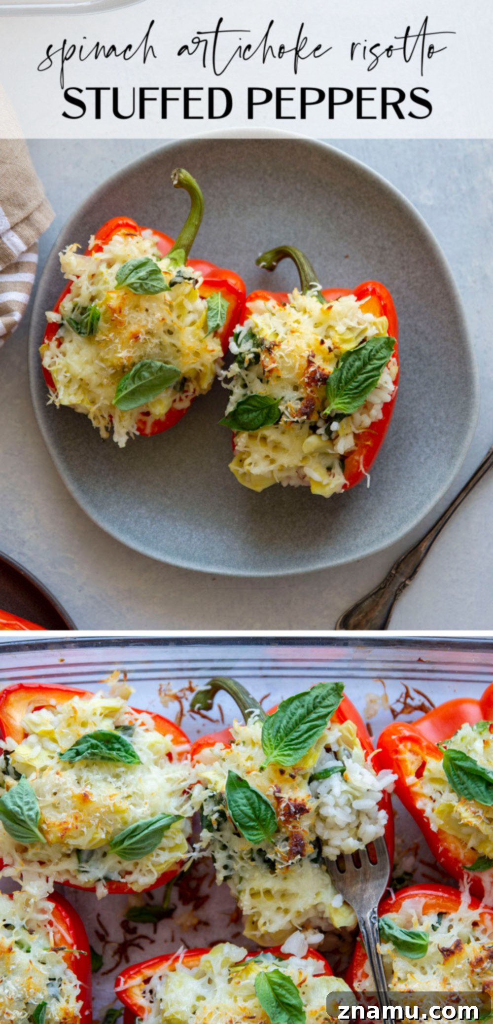 Creamy Spinach Artichoke Risotto Stuffed Bell Peppers 7 Risotto stuffed peppers feature a creamy spinach artichoke risotto stuffed into big sweet peppers and covered in melty mozzarella and fresh herbs.