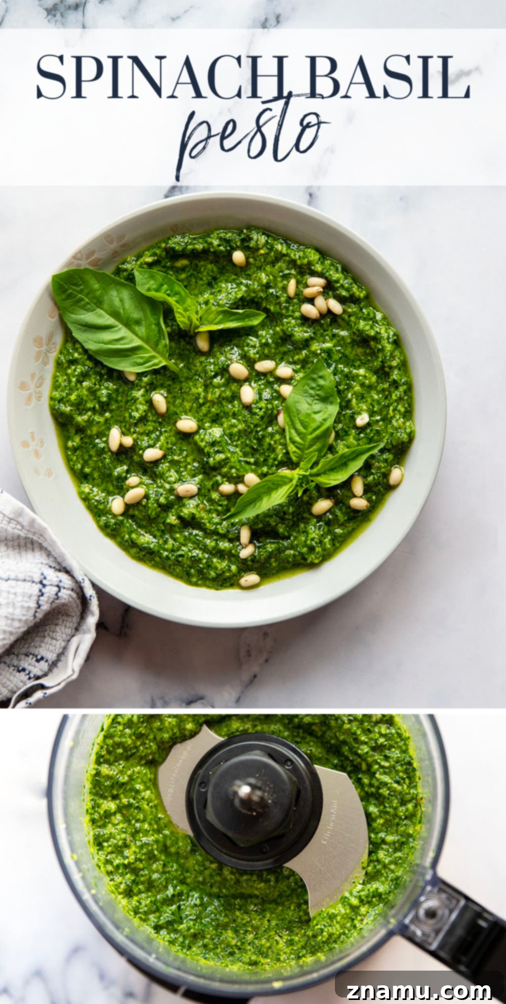 Emerald Spinach Basil Pesto 7 An overhead shot of a finished bowl of spinach basil pesto, surrounded by fresh basil sprigs, pine nuts, and a cheese grater with Parmesan.