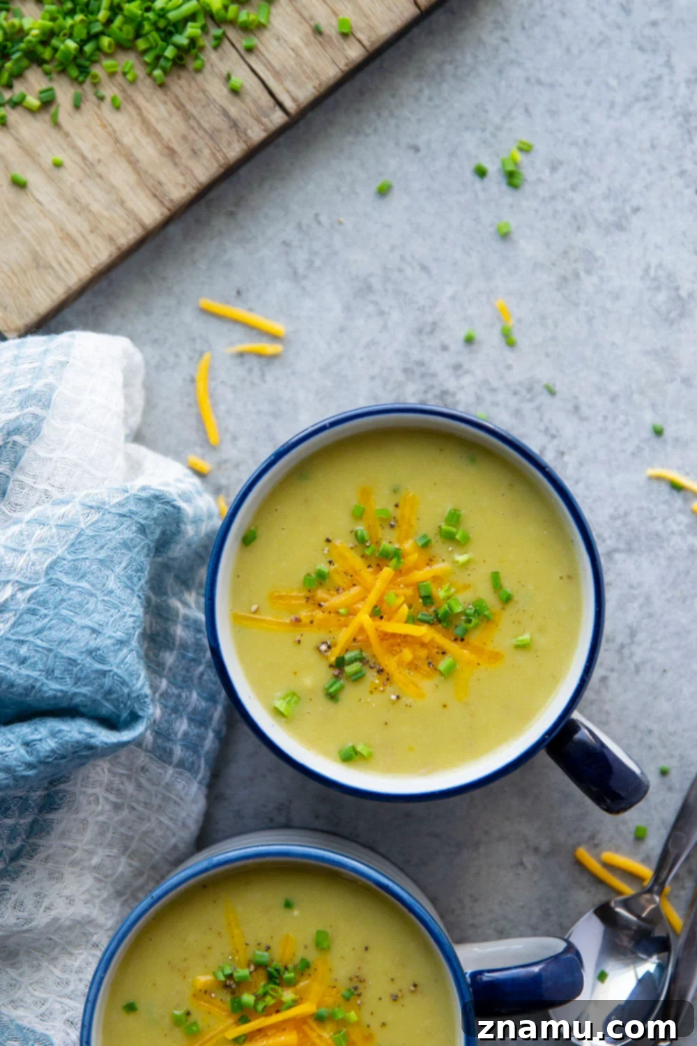A steaming bowl of creamy Instant Pot Potato Leek Soup, garnished with fresh chives, ready to be enjoyed. Perfect for a cozy meal.