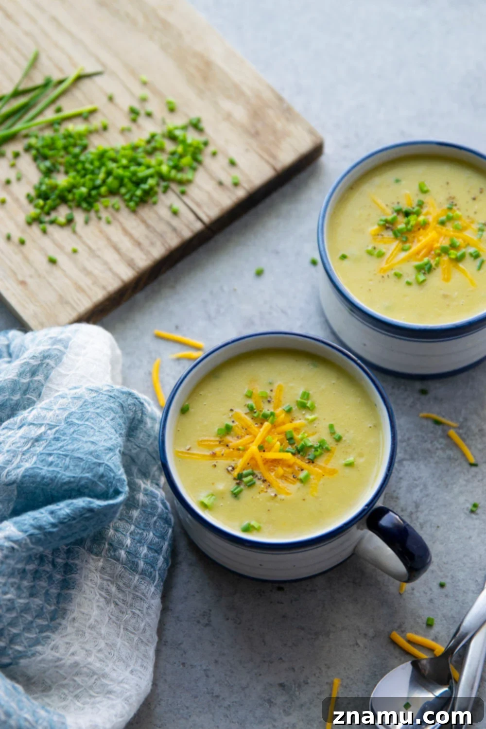 Close-up of Instant Pot Potato Leek Soup in a bowl, showing its creamy texture and bits of leek and potato.