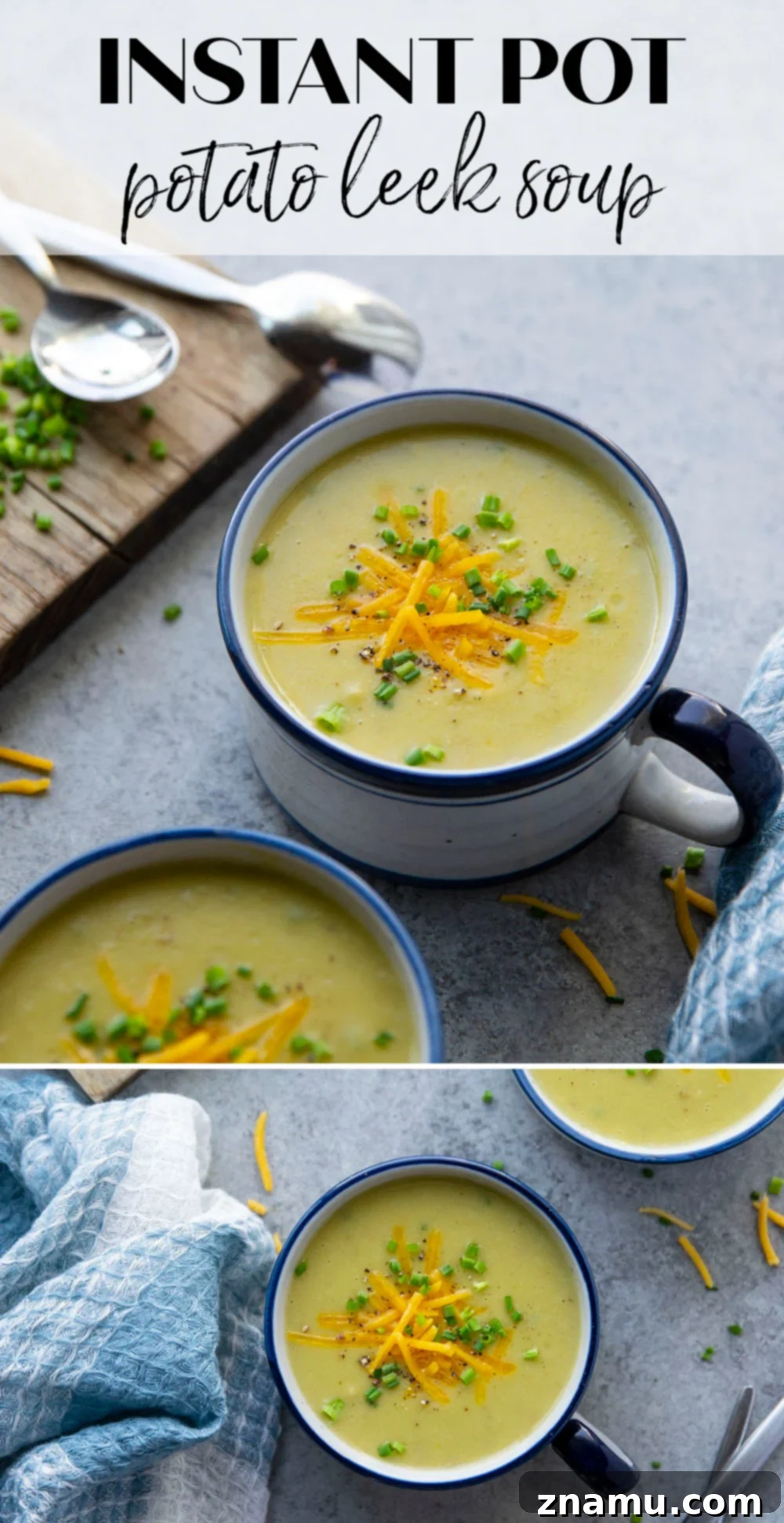Overhead shot of two bowls of Instant Pot Potato Leek Soup, with fresh bread and a spoon, inviting to eat.