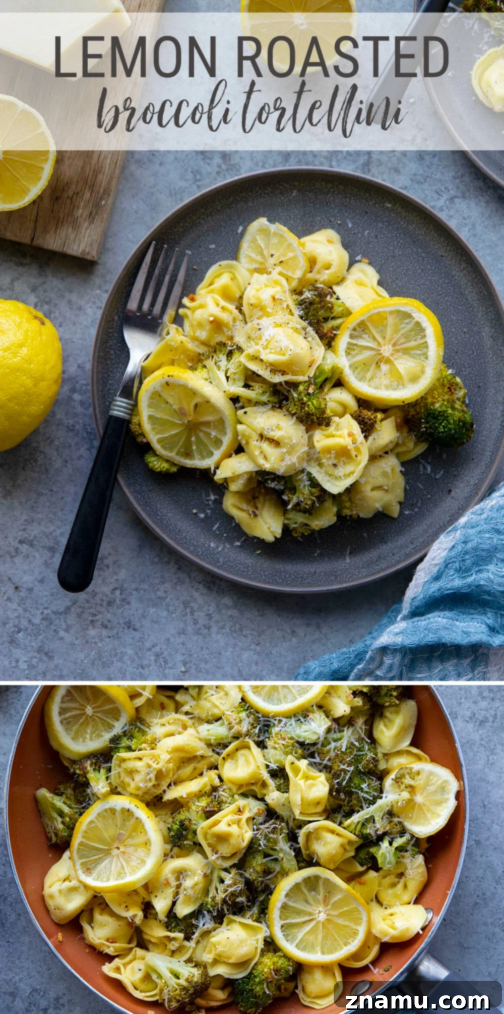 Zesty Roasted Broccoli Tortellini 7 Overhead shot of a large skillet filled with Lemon Roasted Broccoli Tortellini, ready to be served, highlighting the fresh ingredients and vibrant colors.