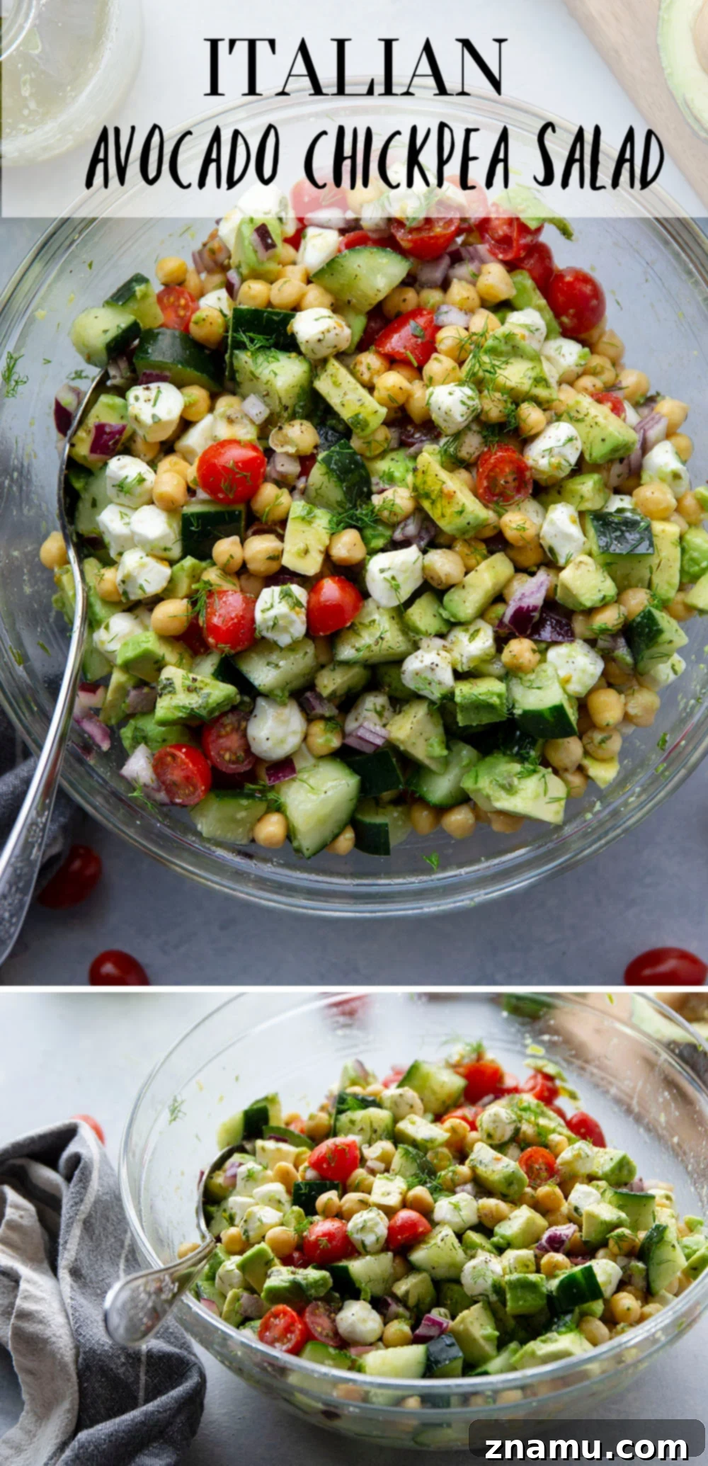Creamy Italian Avocado Chickpea Salad 7 An overhead shot of a large, freshly prepared Italian Avocado Chickpea Salad, featuring a mix of colorful vegetables, chickpeas, and mozzarella, all beautifully arranged and ready for serving.