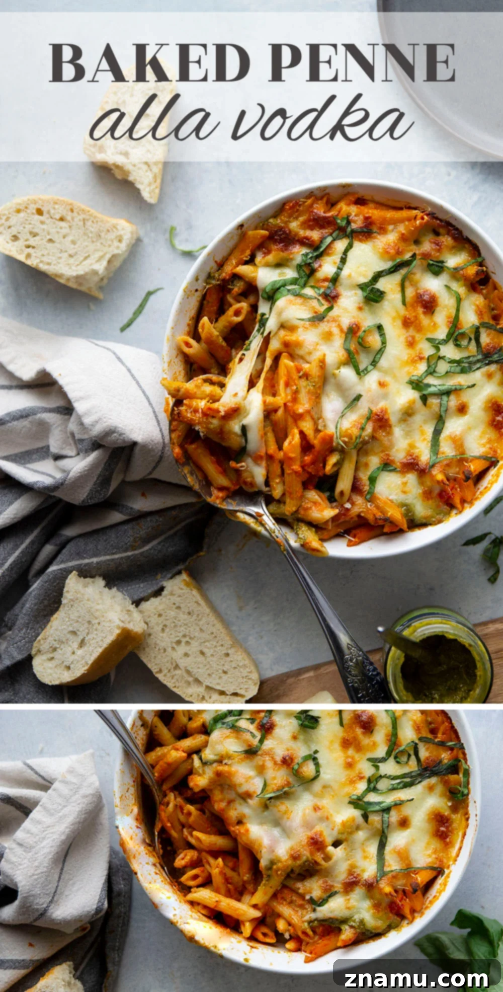 Penne Alla Vodka Pesto Bake 7 Baked penne alla vodka features a rich homemade tomato vodka sauce, swirls of flavorful pesto, and lots of gooey cheese baked on top.