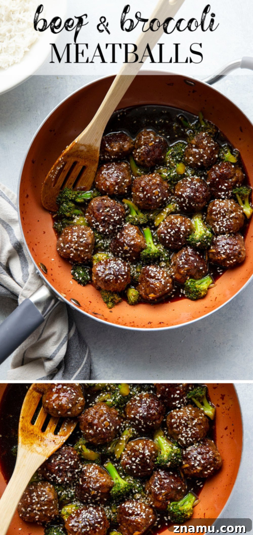 Sticky Sesame Beef & Broccoli Balls 7 Overhead shot of a platter of beef and broccoli meatballs and rice, ready for serving.