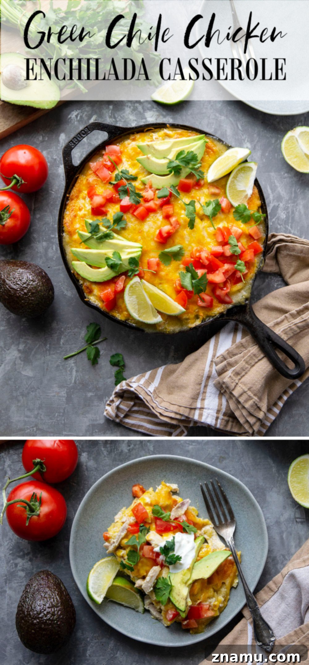 A generous serving of skillet green chile chicken enchilada casserole, showcasing the layers of tortilla, creamy filling, and melted cheese, perfect for a cozy meal.