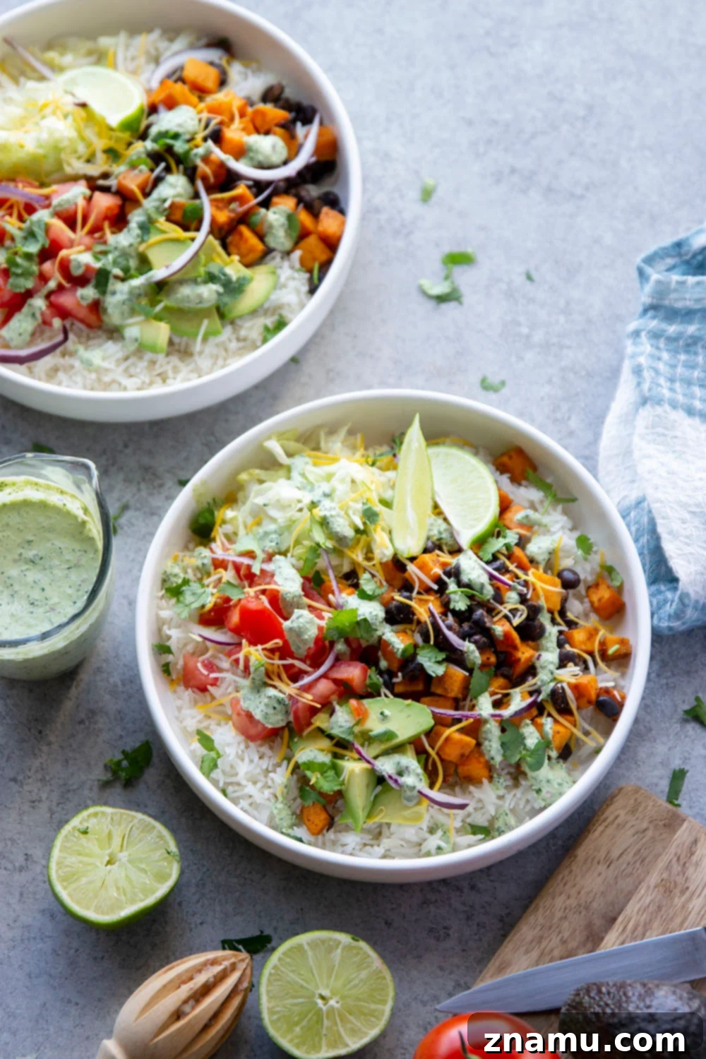 Vibrant Black Bean & Sweet Potato Burrito Bowls with Tangy Lime-Cilantro Drizzle 6 Black bean sweet potato burrito bowls are loaded with fluffy steamed rice, tender roasted sweet potatoes and black beans, a creamy cilantro lime sauce, and all your favorite burrito toppings!