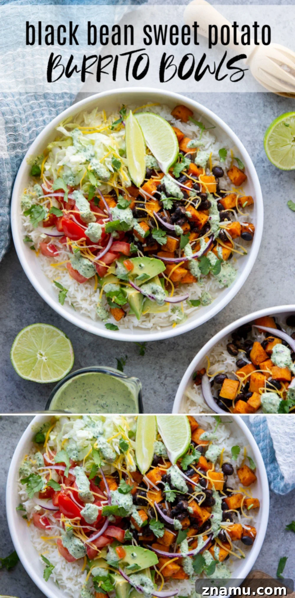 Vibrant Black Bean & Sweet Potato Burrito Bowls with Tangy Lime-Cilantro Drizzle 7 Black bean sweet potato burrito bowls are loaded with fluffy steamed rice, tender roasted sweet potatoes and black beans, a creamy cilantro lime sauce, and all your favorite burrito toppings!
