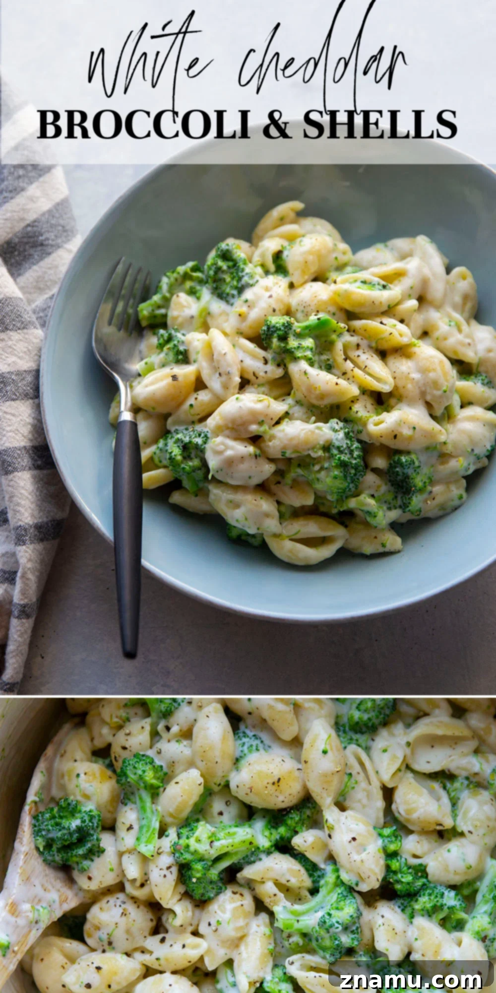 Creamy White Cheddar Broccoli Shells 7 A large pot of White Cheddar Broccoli and Shells on a stovetop, ready to be served.