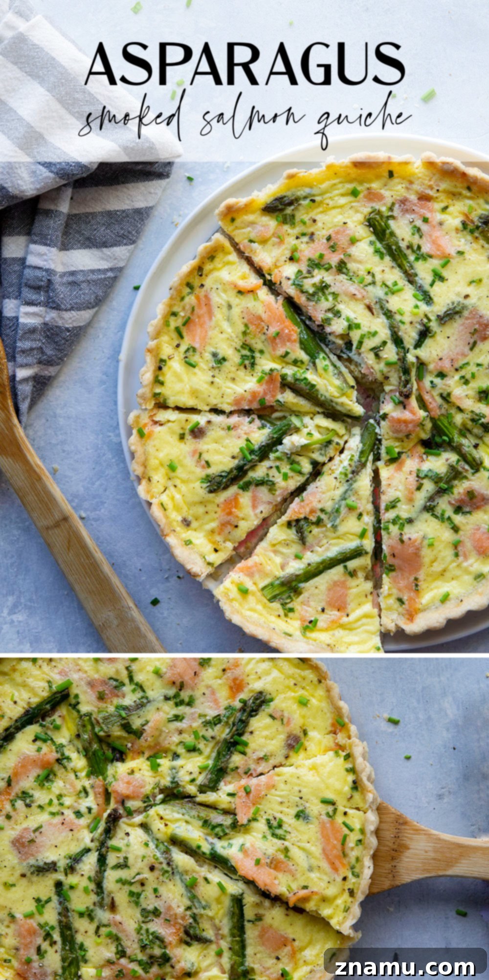 A close-up of a single slice of Asparagus Smoked Salmon Quiche on a plate, garnished with fresh chives.
