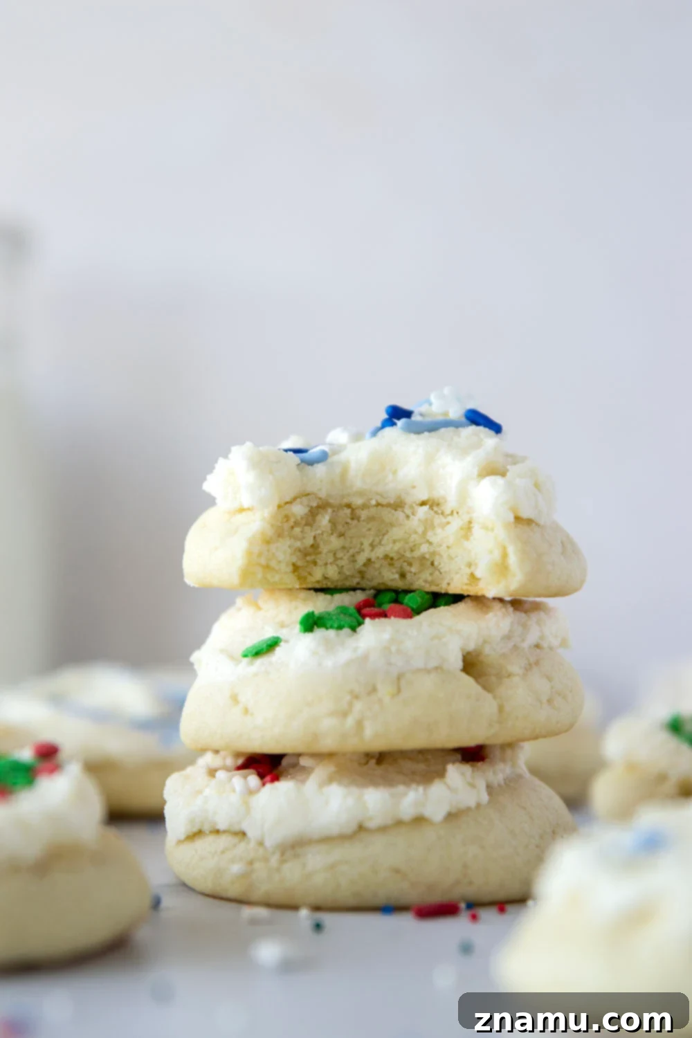 Pillowy Soft Chewy Sugar Cookies 2 Close-up of a stack of healthy sugar-free cookies with a subtle glaze, showcasing their soft texture.