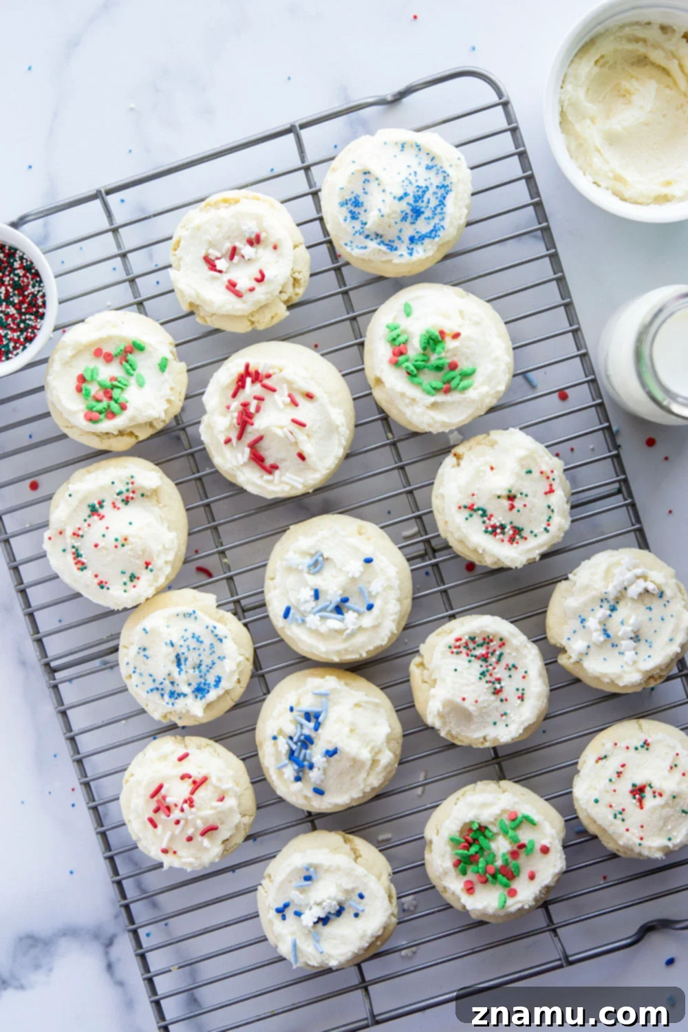 Pillowy Soft Chewy Sugar Cookies 3 A single sugar-free cookie, perfectly round and golden, resting on a white surface.
