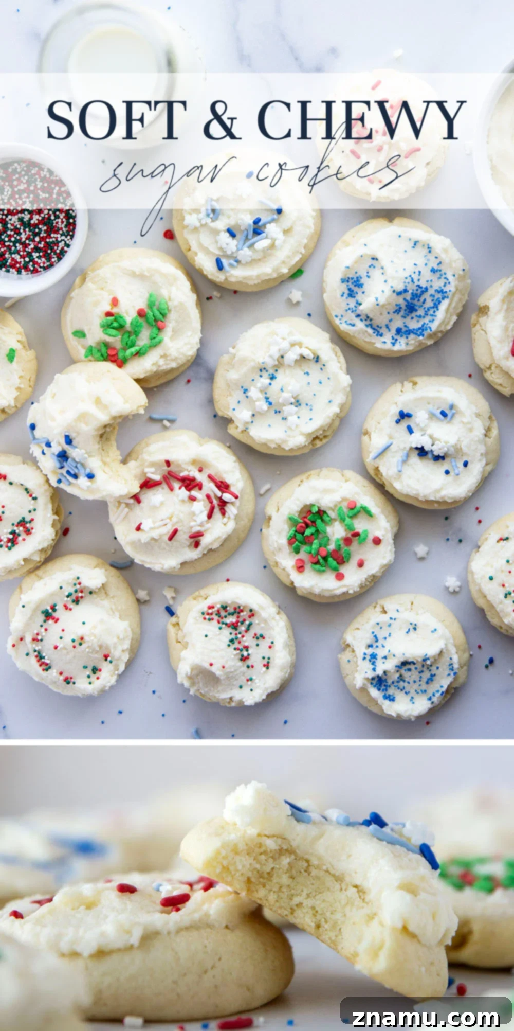 Pillowy Soft Chewy Sugar Cookies 7 A lovely arrangement of healthy sugar-free cookies, some plain, some with icing and sprinkles, ready to be enjoyed.