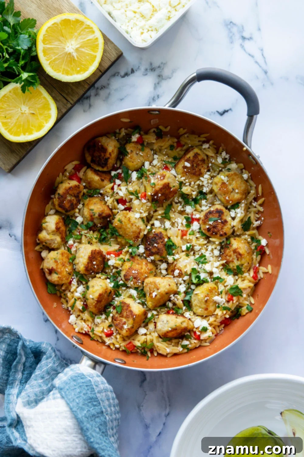 Easy Greek Meatball and Orzo Skillet 3 Colorful Greek Meatballs and Orzo Skillet