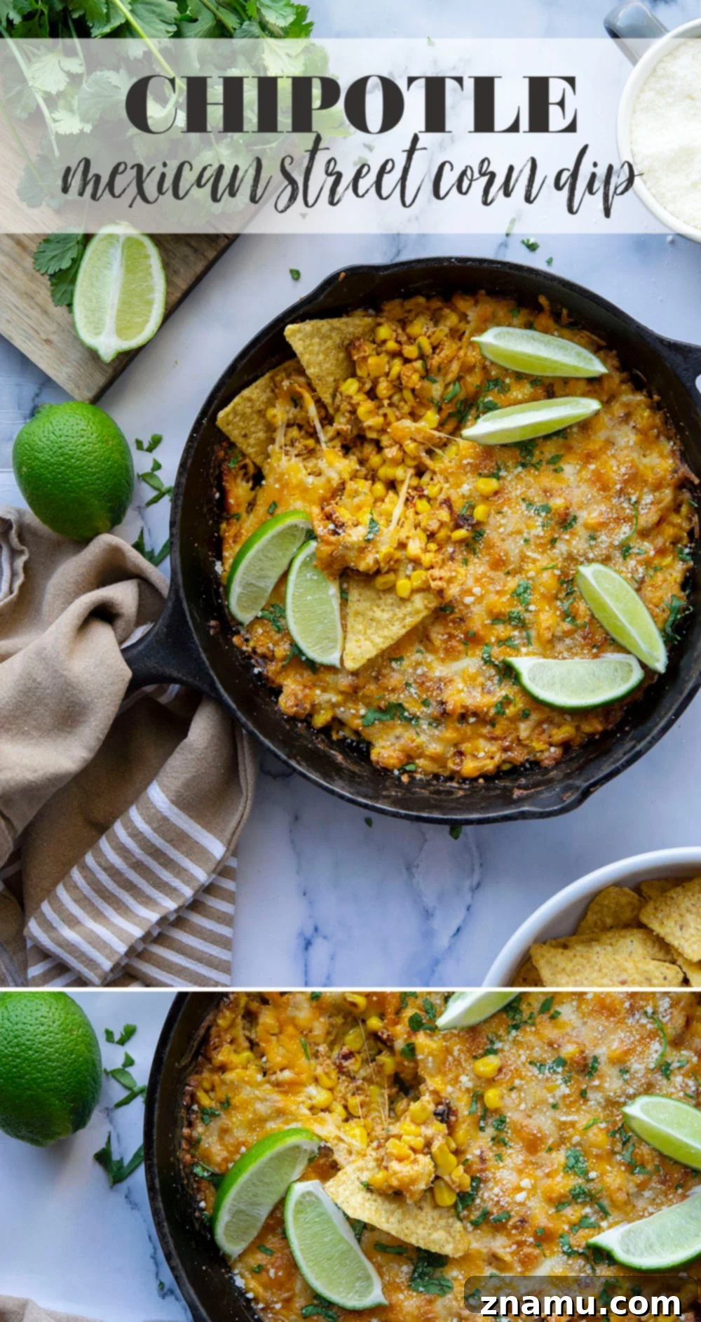 Smoky Chipotle Elote Dip 7 An overhead shot of a cast iron skillet brimming with freshly baked Chipotle Mexican Street Corn Dip, garnished with cilantro and lime, ready for a party.