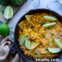 Chipotle Mexican Street Corn Dip, a hot and cheesy appetizer with smoky chipotles and fresh toppings.