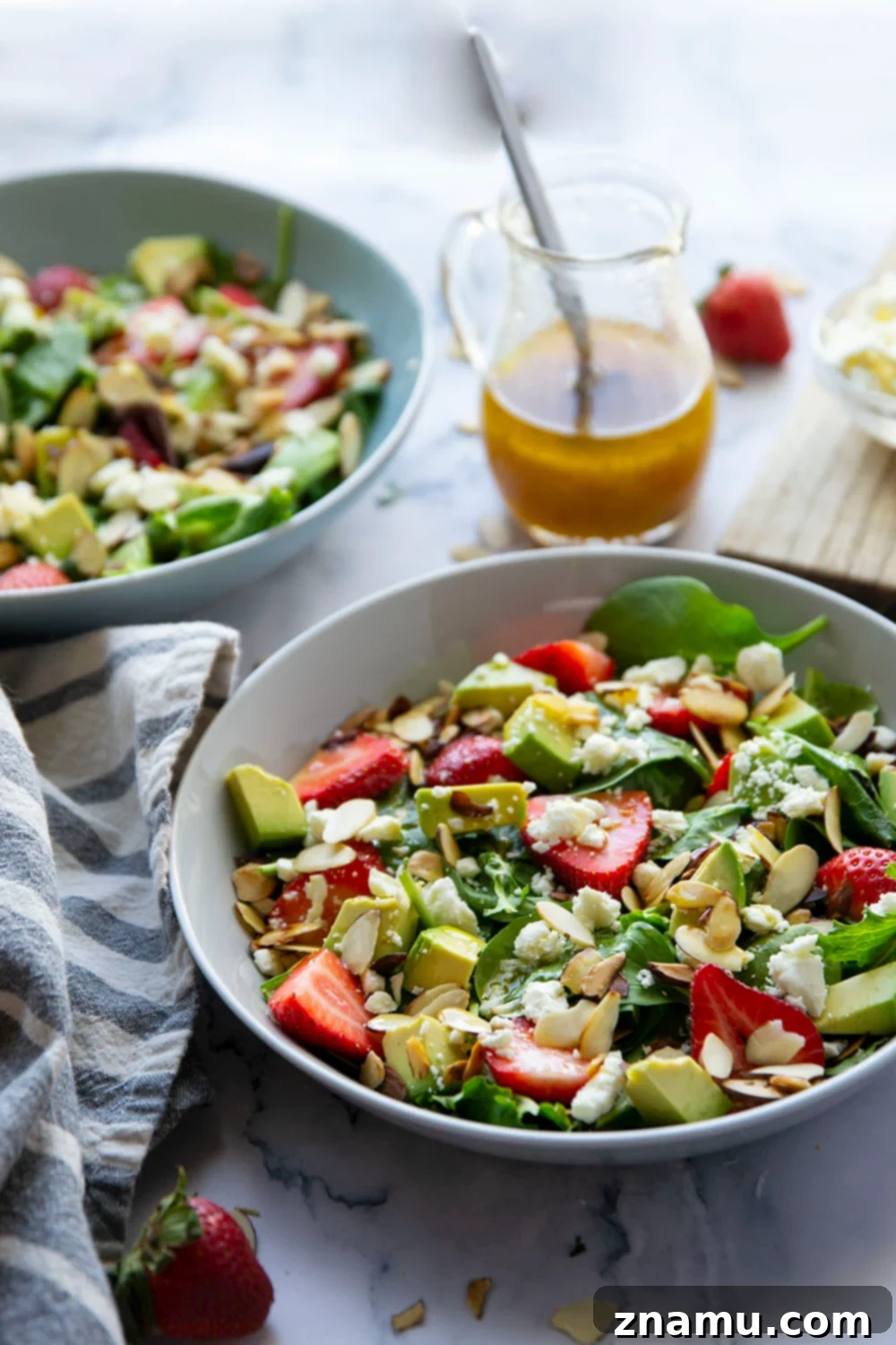 Vibrant Strawberry Avocado Salad with Tangy Maple Dijon 4 This strawberry avocado salad is loaded with juicy strawberries, silky avocado, and tossed in a sweet dijon maple dressing. - a quick and beautiful salad to throw together last minute!