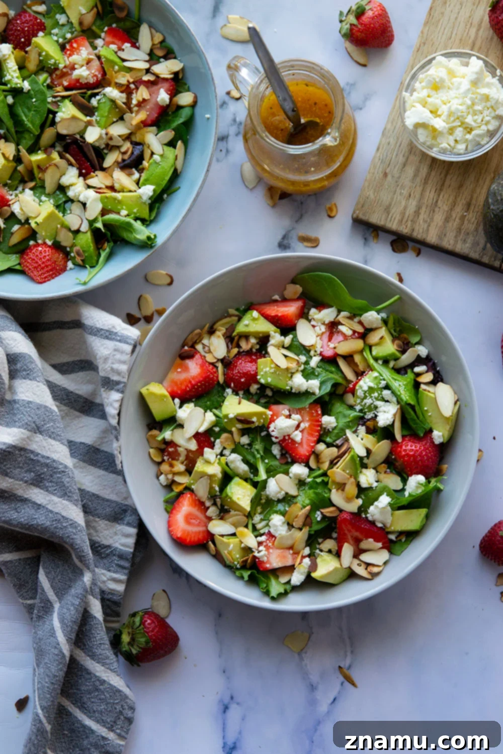 Vibrant Strawberry Avocado Salad with Tangy Maple Dijon 6 This strawberry avocado salad is loaded with juicy strawberries, silky avocado, and tossed in a sweet dijon maple dressing. - a quick and beautiful salad to throw together last minute!