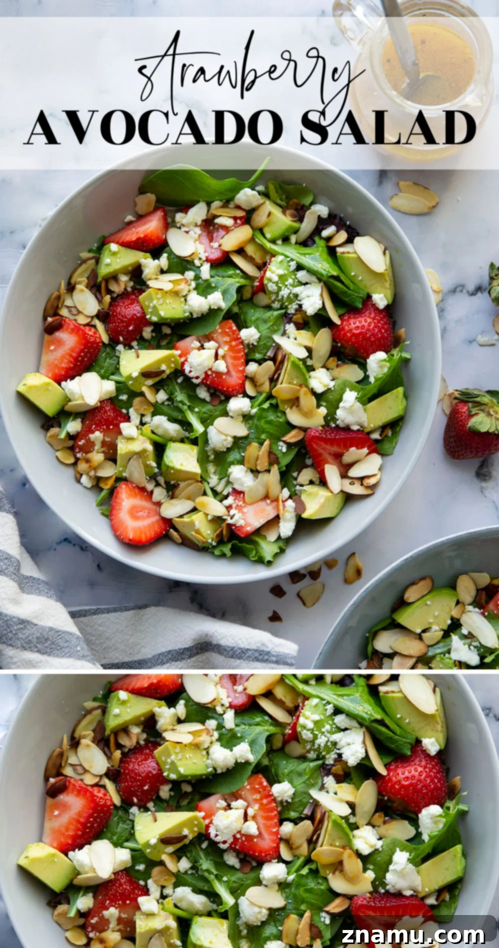 Vibrant Strawberry Avocado Salad with Tangy Maple Dijon 7 This strawberry avocado salad is loaded with juicy strawberries, silky avocado, and tossed in a sweet dijon maple dressing. - a quick and beautiful salad to throw together last minute!