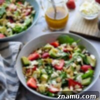 Vibrant Strawberry Avocado Salad with Tangy Maple Dijon 8 This strawberry avocado salad is loaded with juicy strawberries, silky avocado, and tossed in a sweet dijon maple dressing. - a quick and beautiful salad to throw together last minute!