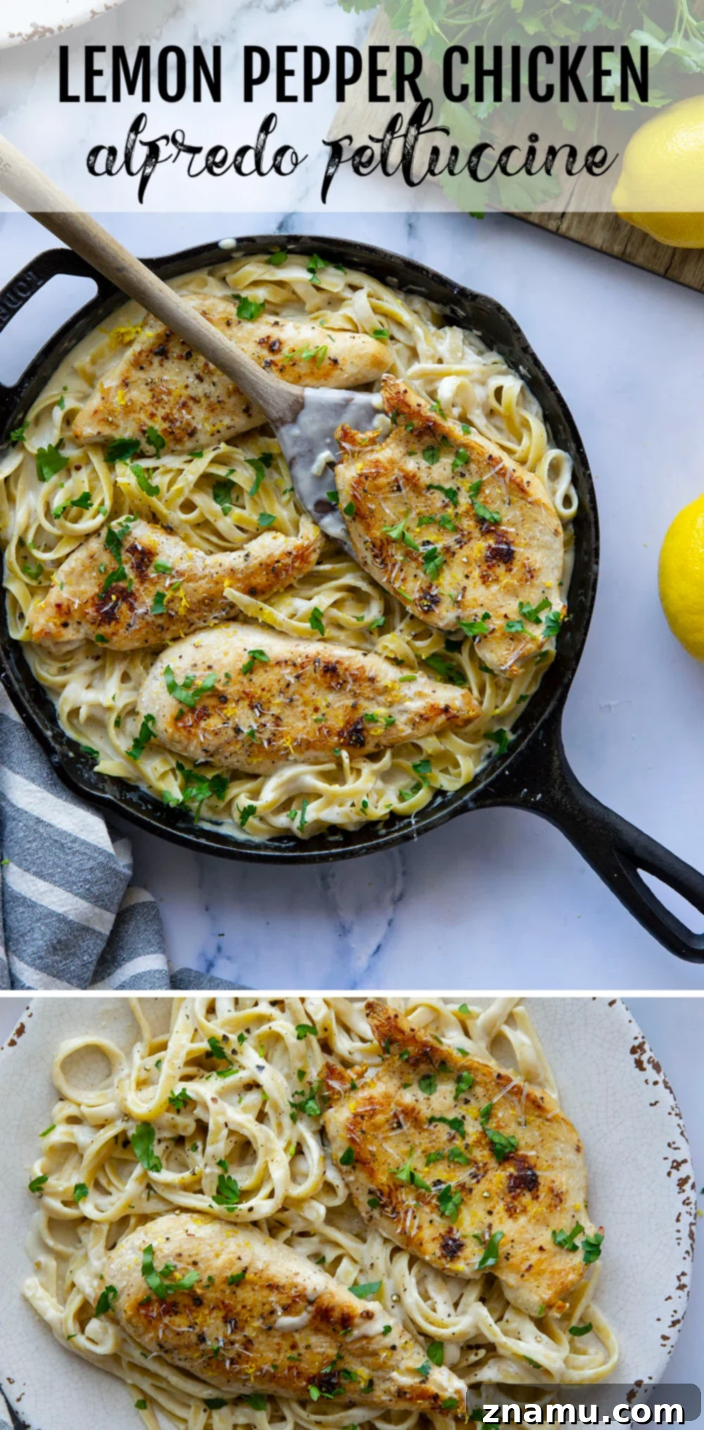 Creamy Lemon Pepper Chicken Alfredo Fettuccine 7 Full spread of lemon pepper chicken alfredo fettuccine with serving dishes.