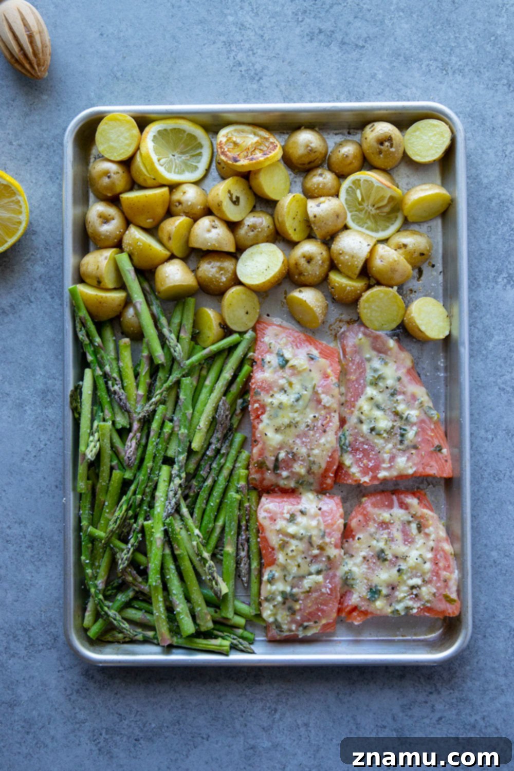 Bright Lemon Garlic Salmon with Spring Asparagus and Potatoes 4 Roasted entirely on one sheet pan with tender asparagus and baby potatoes, this lemon garlic butter salmon is quick to put on the table and only needs a handful of basic ingredients!