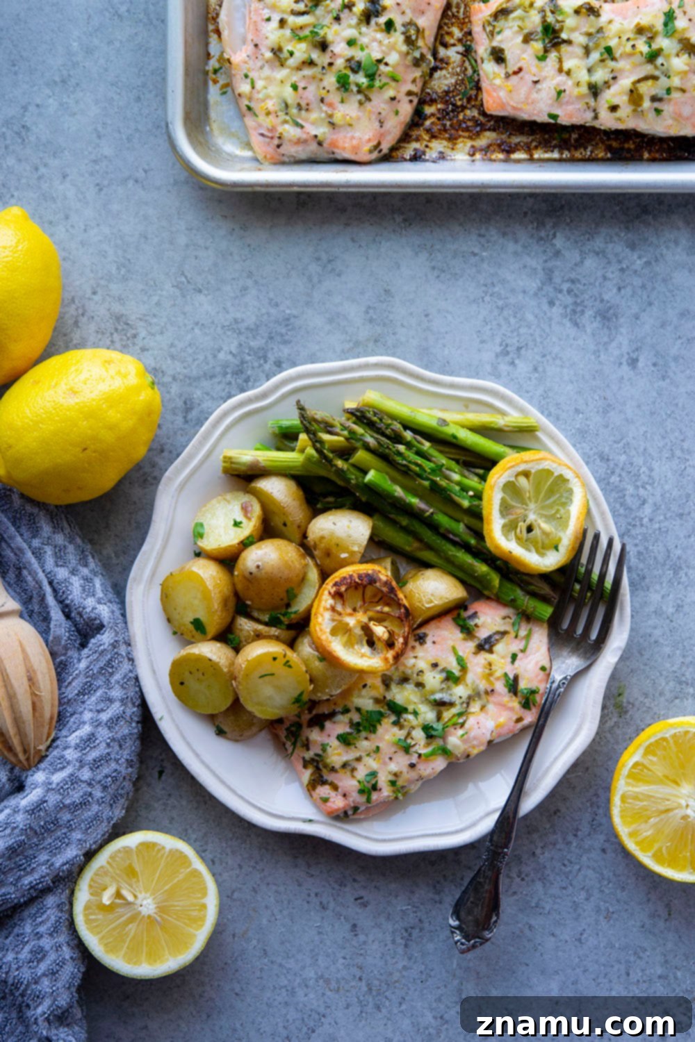Bright Lemon Garlic Salmon with Spring Asparagus and Potatoes 5 Roasted entirely on one sheet pan with tender asparagus and baby potatoes, this lemon garlic butter salmon is quick to put on the table and only needs a handful of basic ingredients!