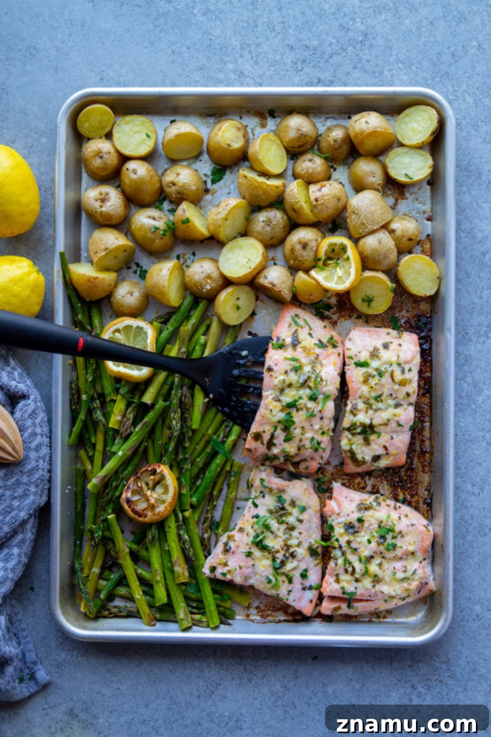 Bright Lemon Garlic Salmon with Spring Asparagus and Potatoes 6 Roasted entirely on one sheet pan with tender asparagus and baby potatoes, this lemon garlic butter salmon is quick to put on the table and only needs a handful of basic ingredients!