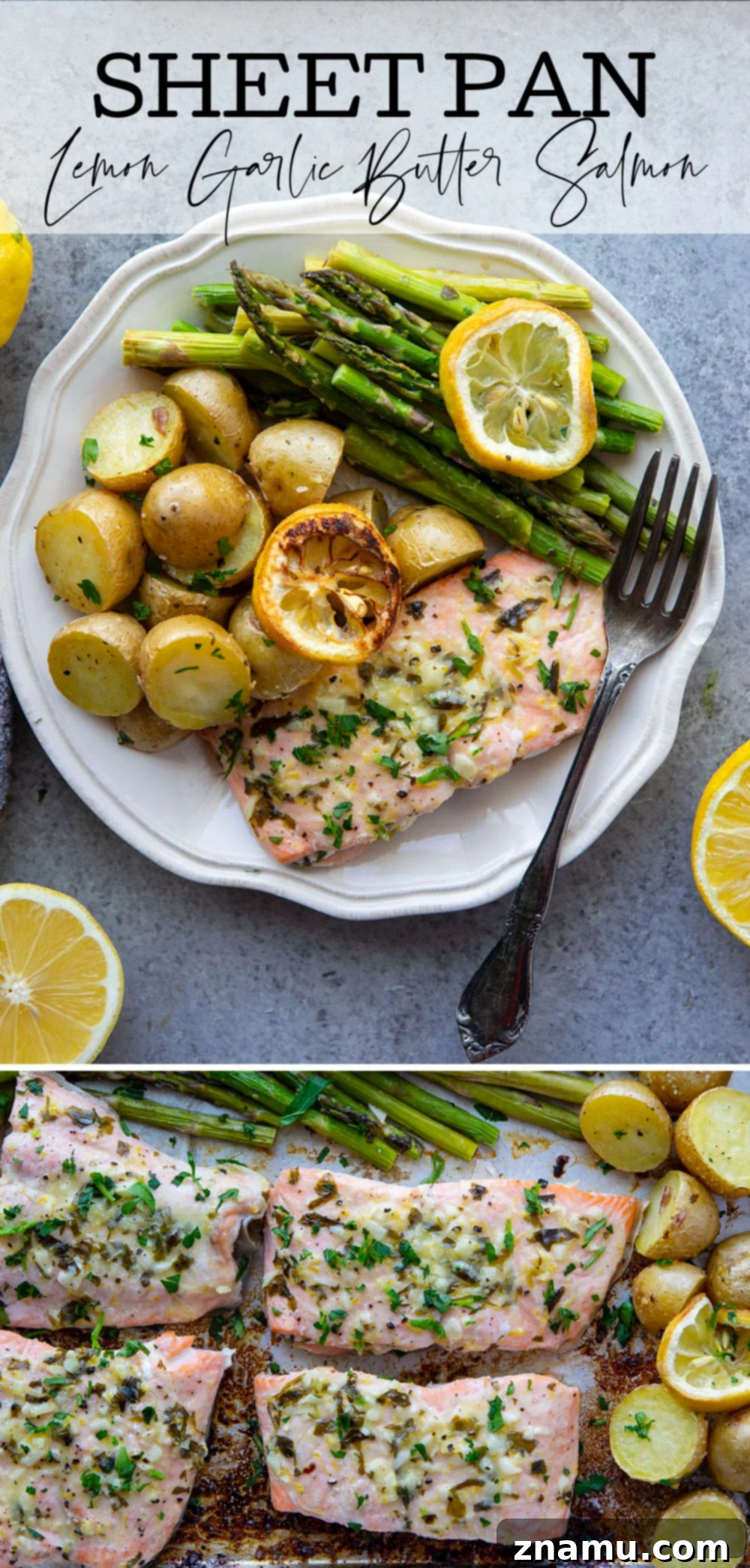 Bright Lemon Garlic Salmon with Spring Asparagus and Potatoes 7 Roasted entirely on one sheet pan with tender asparagus and baby potatoes, this lemon garlic butter salmon is quick to put on the table and only needs a handful of basic ingredients!