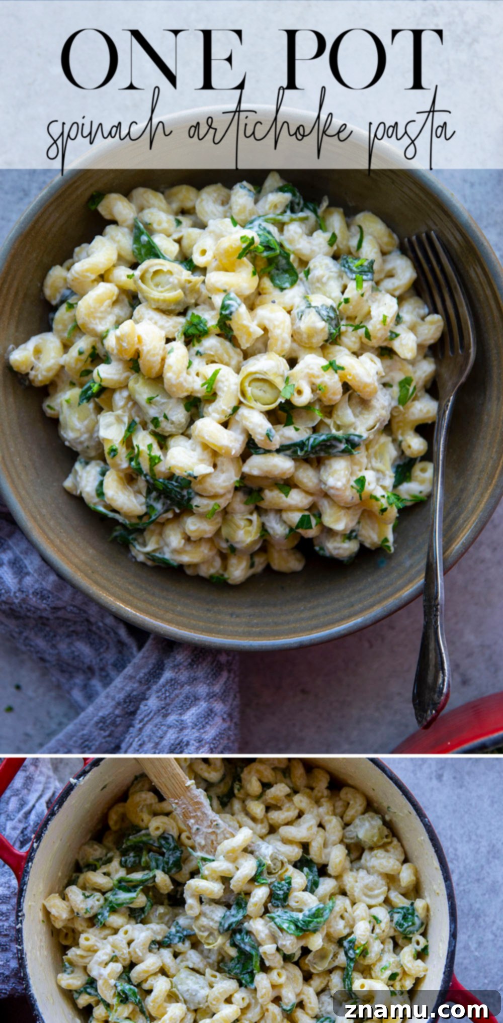 Effortless One-Pot Spinach Artichoke Pasta 7 Final plated shot of One-Pot Spinach Artichoke Pasta with a fork.