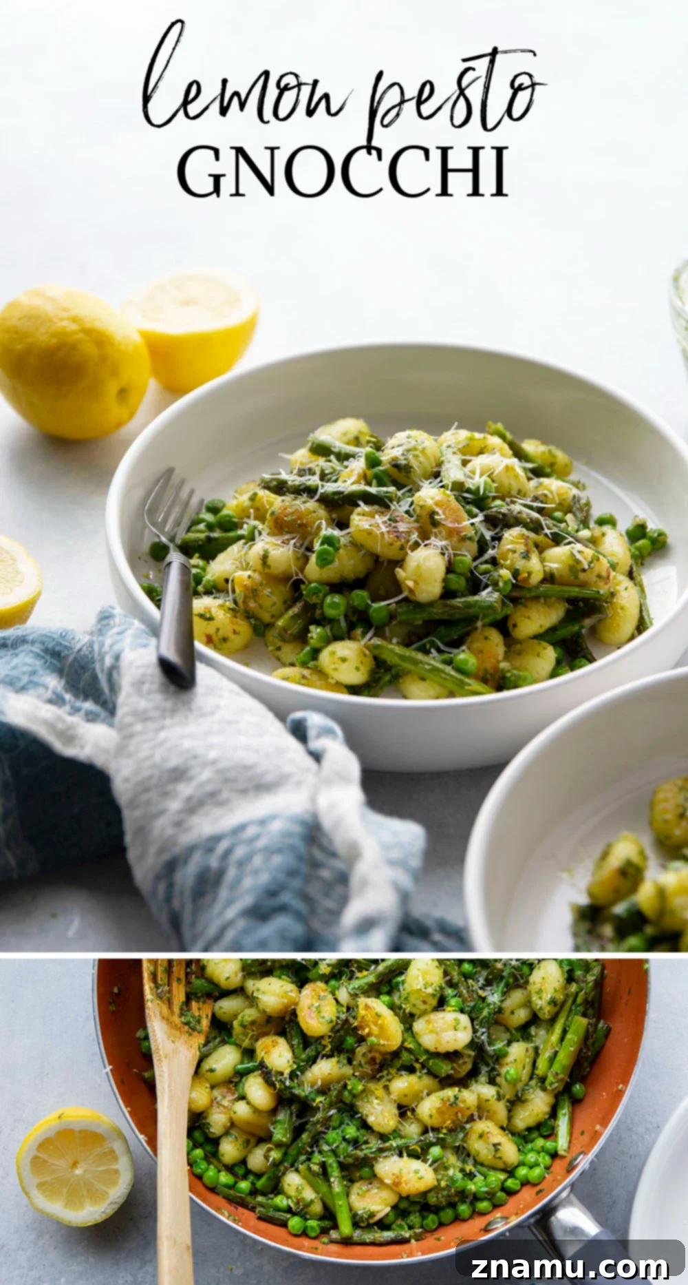 A large skillet brimming with lemon pesto gnocchi, peas, and asparagus, ready to be served.