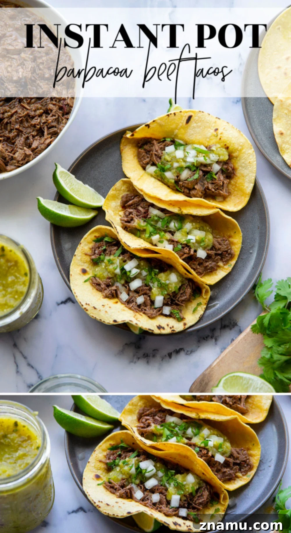 Instant Pot Barbacoa Beef Tacos with a colorful array of toppings.