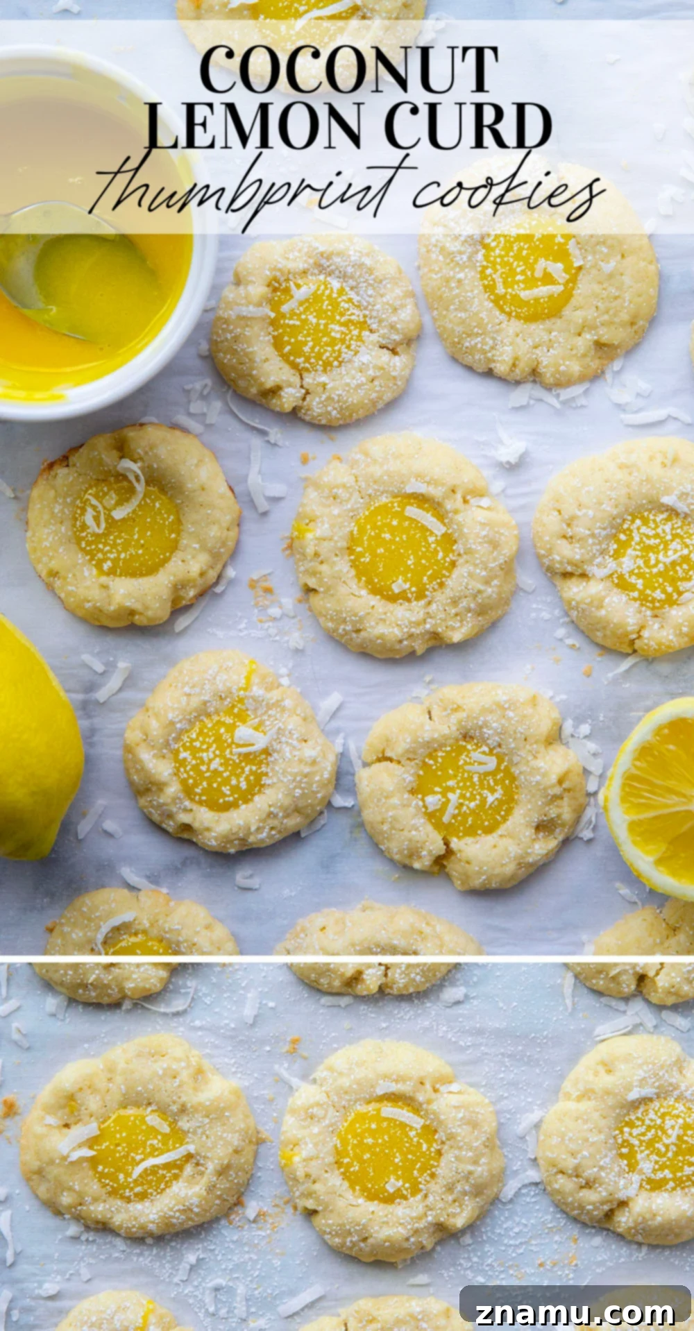 Coconut Lemon Curd Thumbprints 7 An overhead shot of a full plate of lemon curd thumbprint cookies, garnished with powdered sugar and finely chopped coconut, against a light background.