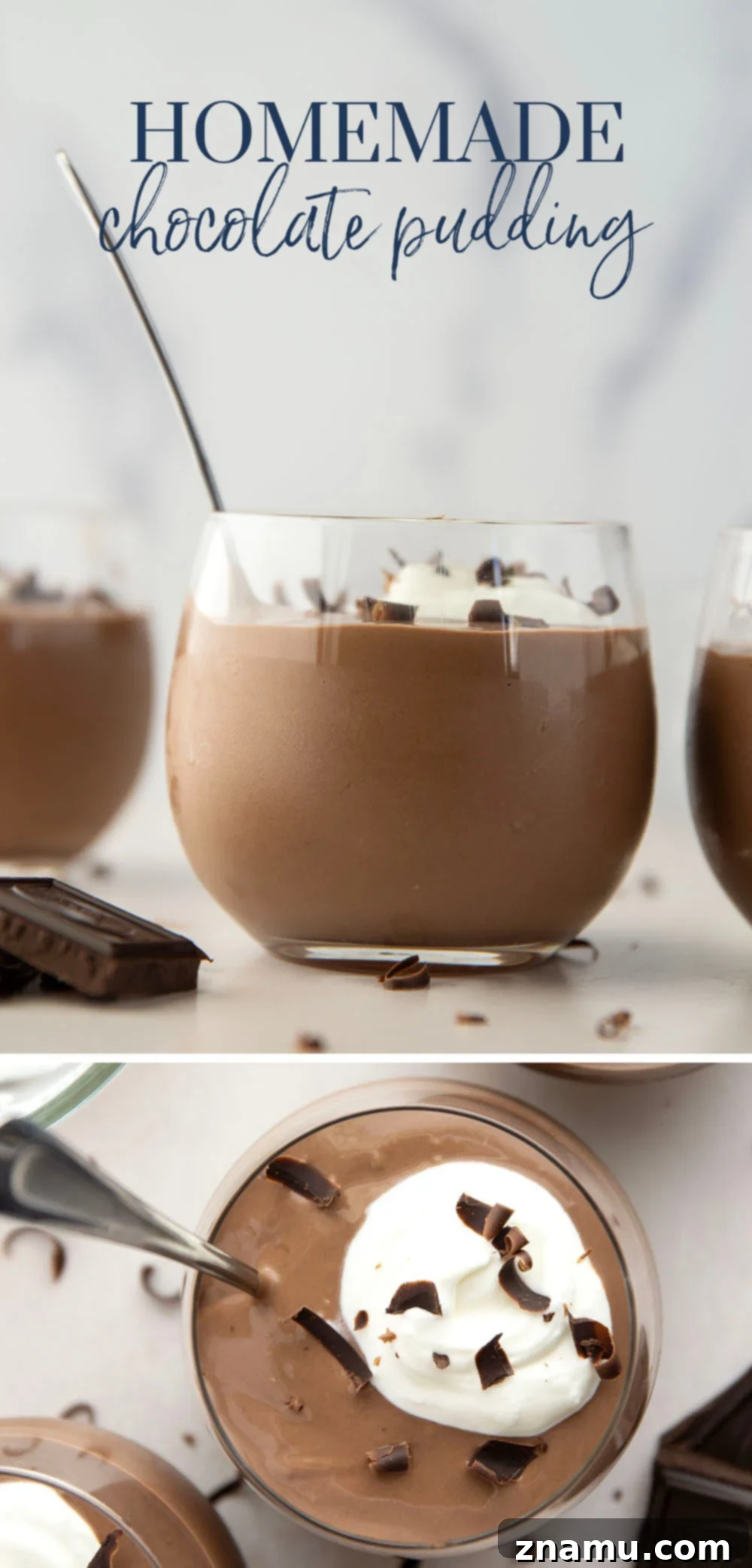 Velvety Homemade Chocolate Pudding 7 A beautifully composed shot of homemade chocolate pudding served in a clear glass, showing its rich color and creamy texture.