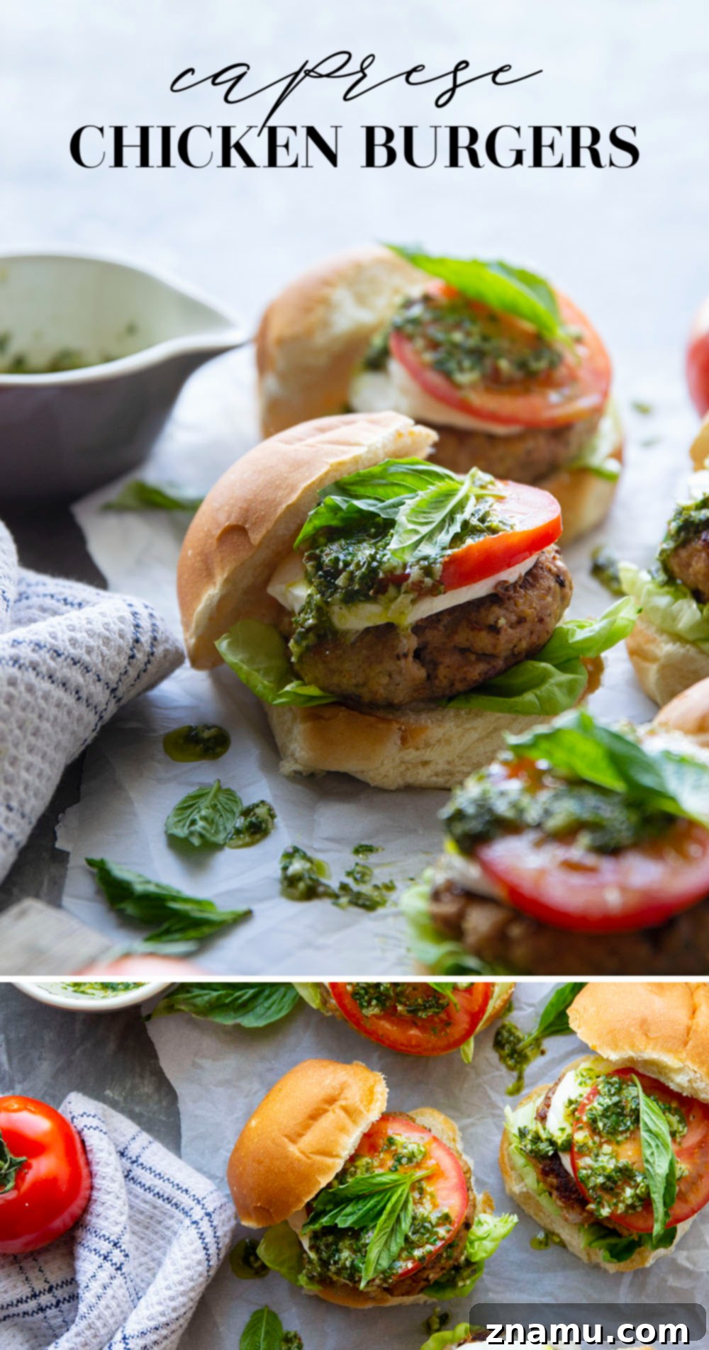 These Caprese Chicken Burgers are perfectly juicy and dressed up with all the caprese fixings and a flavorful pesto vinaigrette drizzled on top.
