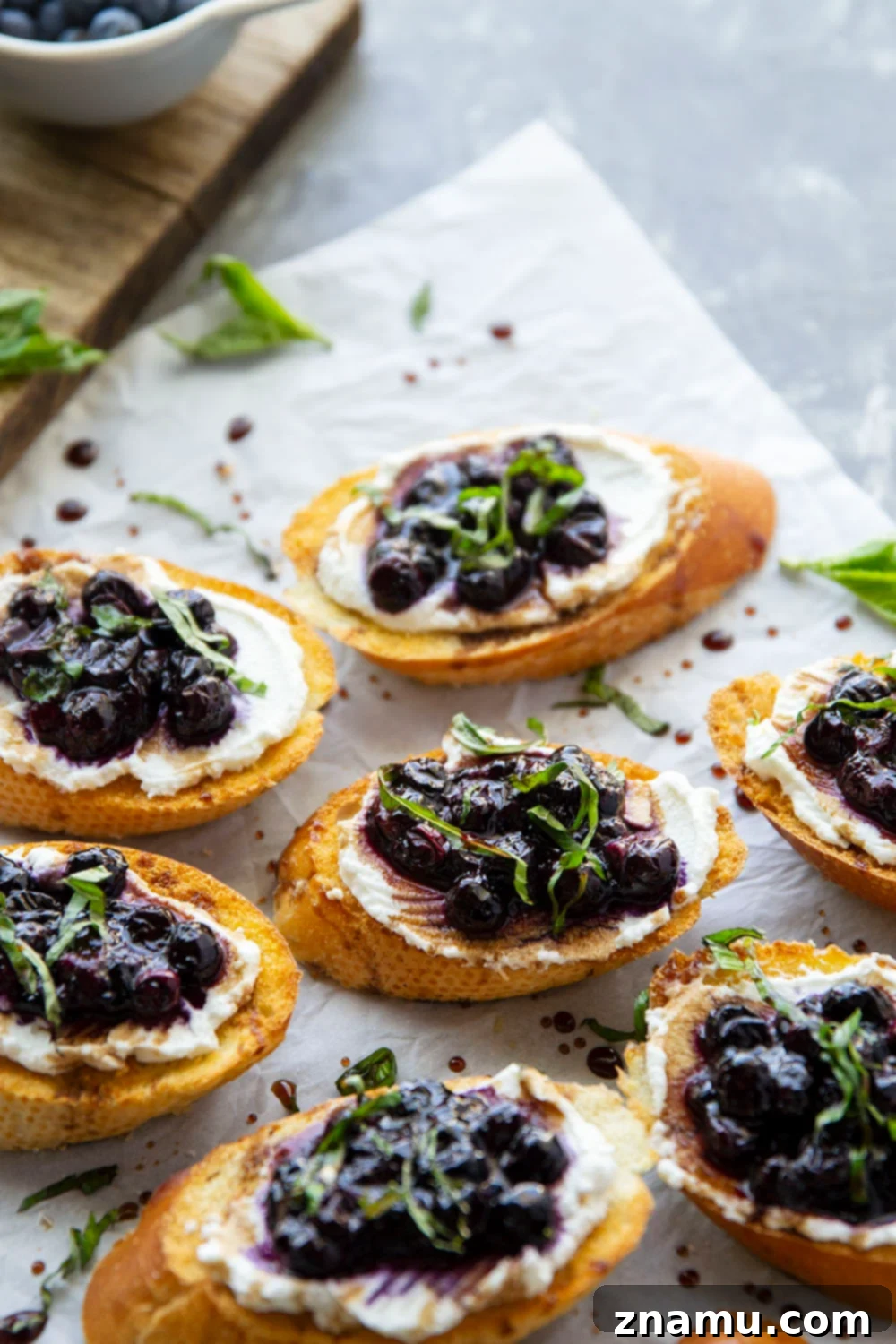 Blueberry Basil Ricotta Crostini 2 Close-up of freshly prepared blueberry ricotta bruschetta on French bread