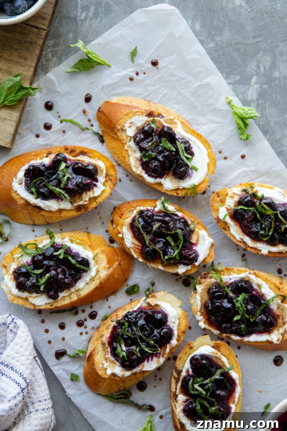 Blueberry Basil Ricotta Crostini 3 Pile of fresh blueberries ready for roasting with lemon and honey