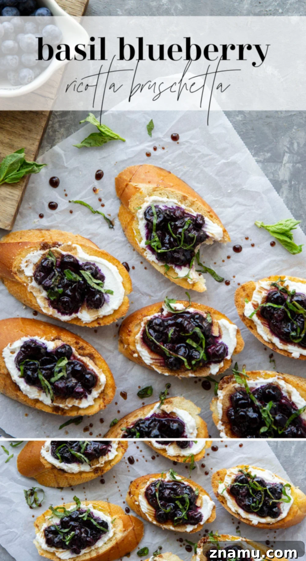 Blueberry Basil Ricotta Crostini 8 Overhead shot of assorted summer appetizers, including blueberry ricotta bruschetta