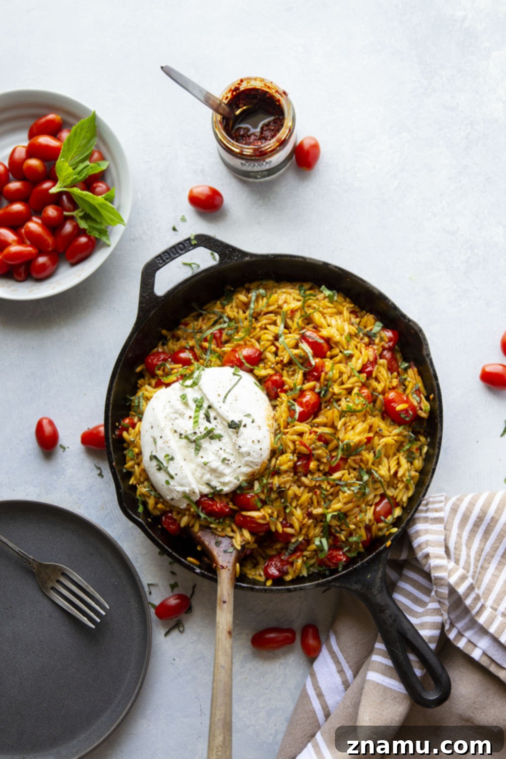 Harissa Cherry Tomato Orzo with a Burst of Burrata 3 Close-up of bubbling cherry tomato sauce in a skillet