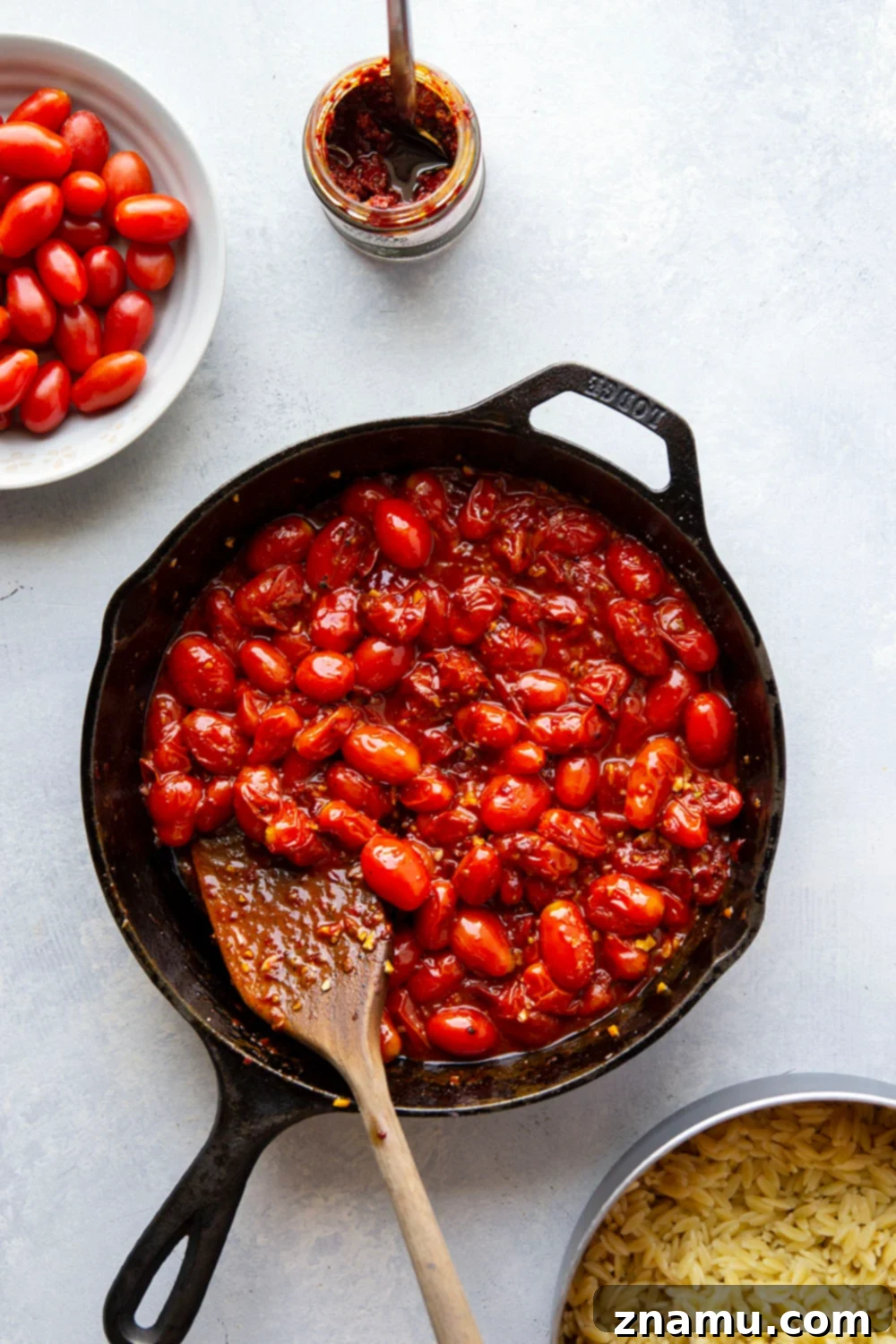 Harissa Cherry Tomato Orzo with a Burst of Burrata 4 Delicious orzo pasta with cherry tomatoes and fresh basil