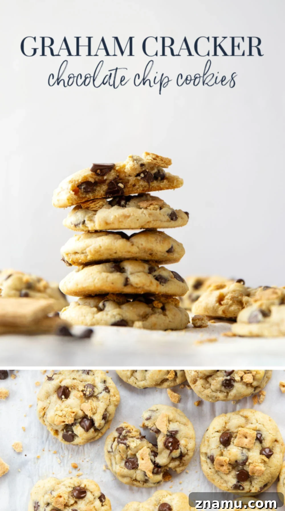 Golden Graham Chocolate Chip Cookies 7 A large pile of graham cracker chocolate chip cookies on a white plate