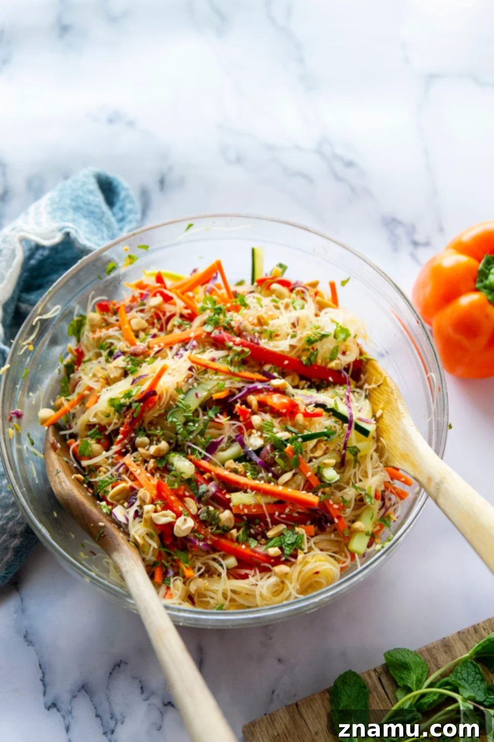 Vibrant Spring Roll Salad with Zesty Ginger Dressing 2 A vibrant loaded spring roll salad featuring a rainbow of fresh veggies and tender rice noodles tossed in a flavorful spicy ginger dressing. Ideal for a make-ahead lunch or a side dish.