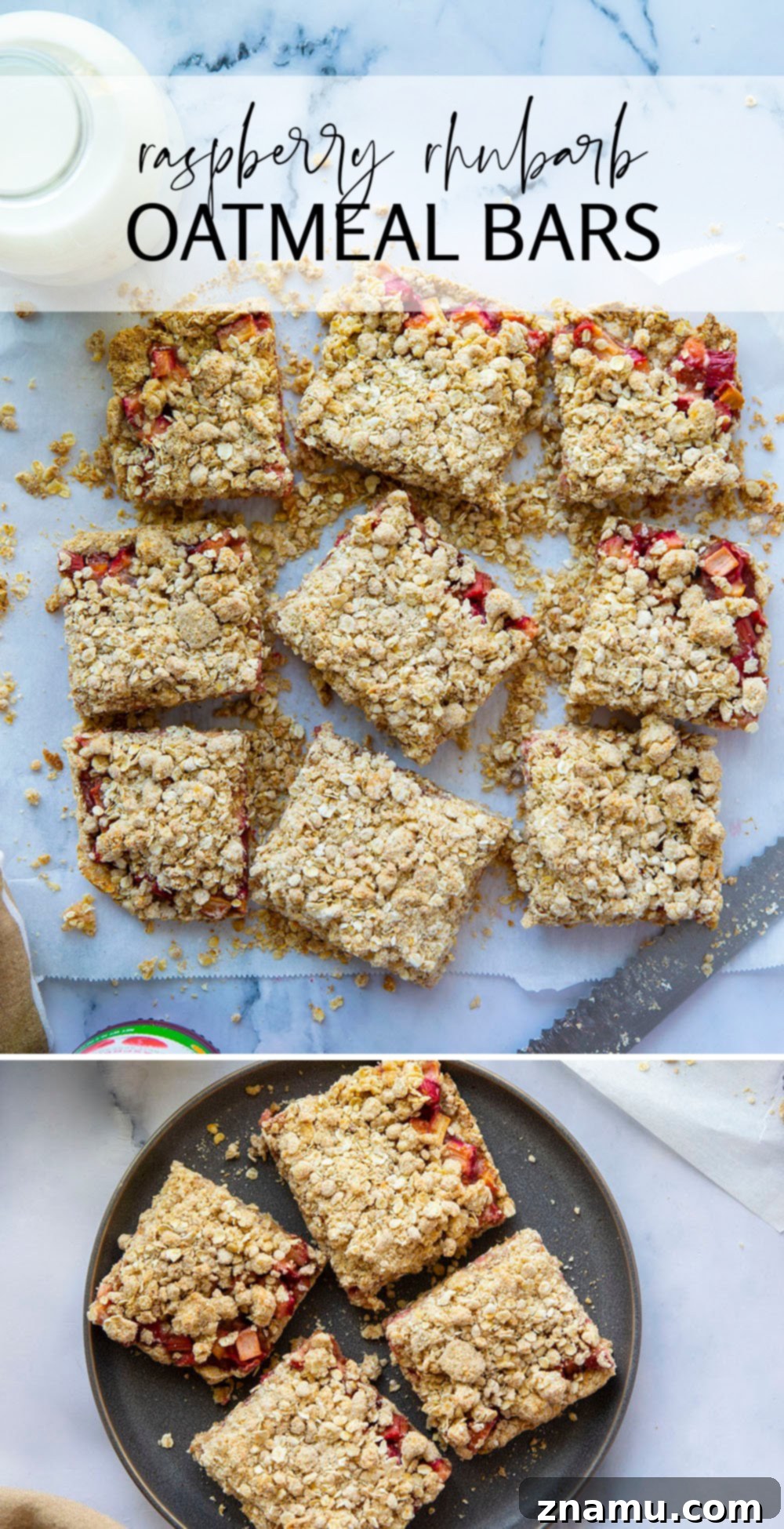 Summer Raspberry Rhubarb Crumble Bars 7 An overhead shot of a full pan of sliced raspberry rhubarb oatmeal bars, ready to be served.
