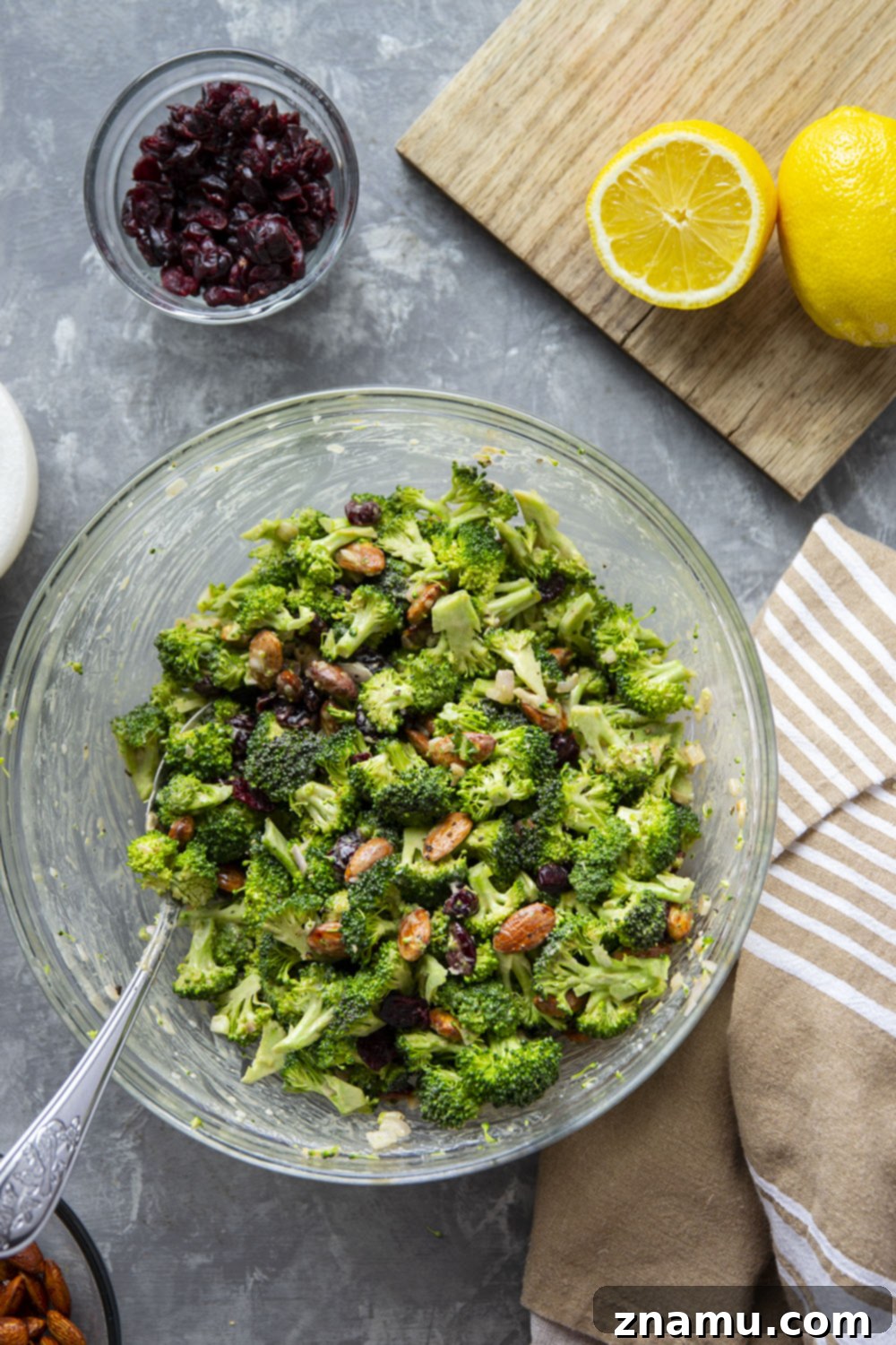 Bright Lemon Tahini Broccoli Salad with Toasted Almonds 4 This almond broccoli salad features crisp broccoli and crunchy roasted almonds tossed in a creamy lemon tahini dressing. - it will quickly become a side dish favorite!
